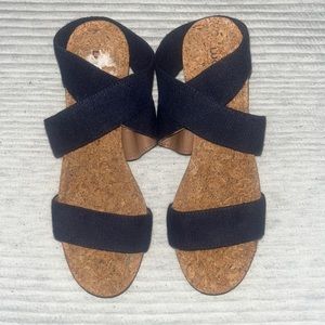 Lucky Brand Marinah Blue Stretch Fabric Open Toe Cork Wedge Heel Sandals